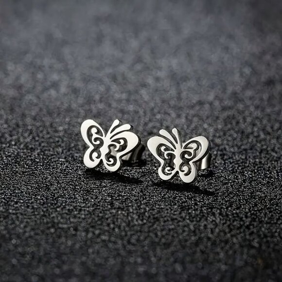 Silver Stainless Steel BUTTERFLY Stud Earrings - Picture 2 of 3